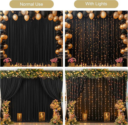 Black Backdrop Curtain with Lights String for Parties,10x10FT Wrinkle Free Black Drapes Wedding Photo Backdrop Curtains for Baby Shower Birthday Ceremony Reception Home Party Decorations