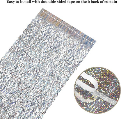 4 Pack Silver Tinsel Backdrop - CYLMFC 3.3 ft x 6.6 ft Streamer Metallic Tinsel Foil Fringe Curtains Photo Booth Props Wall Curtains for Bachelorette Birthday Party Decor