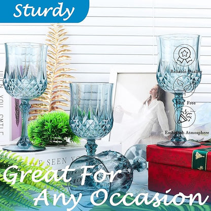 Plastic Wine Glasses，Plastic Goblets Vintage Style Cordial Drinking Glasses for Wedding Reception, Grand Event Party Supplies (12, Dusty Blue)