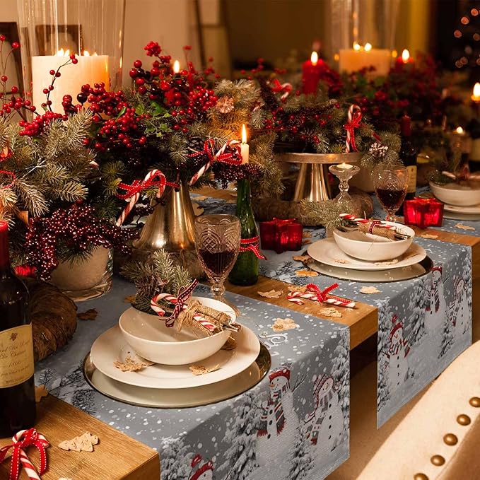 Christmas Snowman Cotton Linen Table Runner for Dining Kitchen, Snowflakes Xmas Pine Tree Wedding Outdoor Party Tablerunner Decoration Winter Bird Dresser Scarf Coffee Tablecloth Runners 13x72 Inches