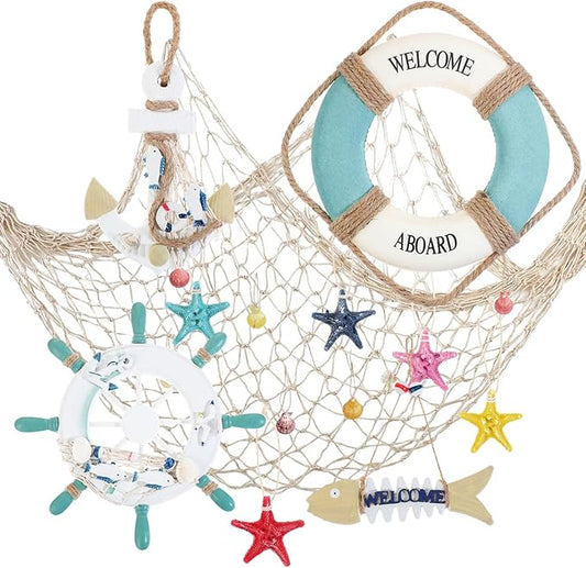 11 Pcs Wooden Nautical Wall Decor Fishing Net Decorations, Include Decorative Fishing Net, Ship Wheel, Fish Skeleton, Life Ring, Anchor, Starfish Beach Decor for Mediterranean Party (Wood Color)