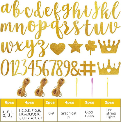 TaoBary 167 Pcs DIY Banner Kit Happy Birthday Glitter Banner Customizable Glitter Make Your Own Kit 162 Letters Symbols and Numbers 3 Rope for Birthday Halloween Wedding Christmas(Gold)