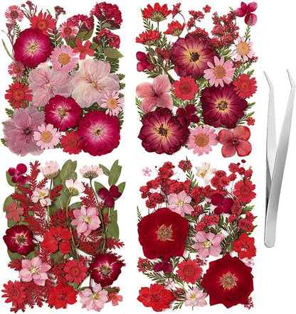 101 PCS Red Dried Pressed Flowers for Christmas Crafts Resin, Red Real Nature Flowers Bulk for DIY Holiday Cake Card Scrapbook Supplies, Large Dried Flowers for Soap Candle Making