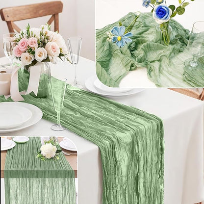 1-Pack Sage Green Cheesecloth Table Runners – 10FT (35x120 Inch) Boho Rustic Gauze Fabric Cheese Cloth Table Runner for Weddings, Baby Showers, Bridal Shower, Farmhouse & Birthday Party Decor
