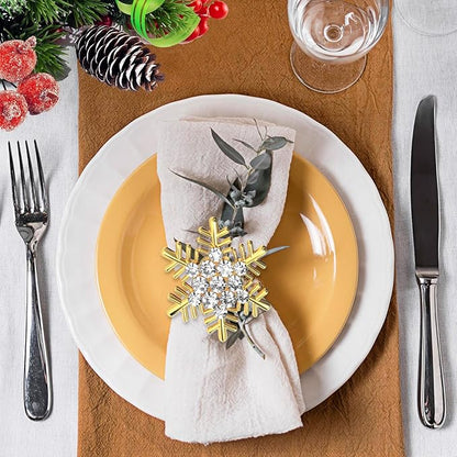 Halatool Christmas Napkin Rings Set of 12, Gold Snowflake with White Rhinestone Napkin Holder for Christmas Thanksgiving Winter Holiday Place Setting, Weddings, Party Table Decoration