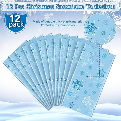 12 Pieces Christmas Snowflake Party Tablecloth Decorations,Plastic Ice Blue and White Winter Wonderland Table Cover for Winter Christmas Birthday Holiday Party Decorations and Supplies,54x108 inch