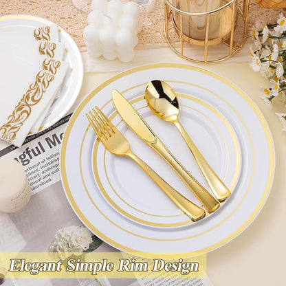 200PCS Gold Plastic Plates Set, 100 10.25 inch Dinner Plate and 100 7.5 inch Dessert Plates, Premium Disposable Plates for Party, Wedding
