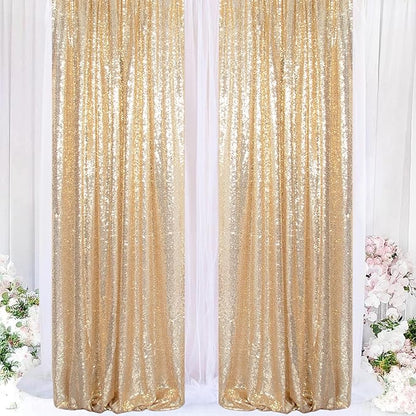 ShinyBeauty Sequin Backdrops 4 Panels Light Gold Sequin Curtains Photo Backdrop Shimmer Background for Baby Shower Champagne Golden Curtain Wedding Birthday Party Decor(2Ftx8Ft)
