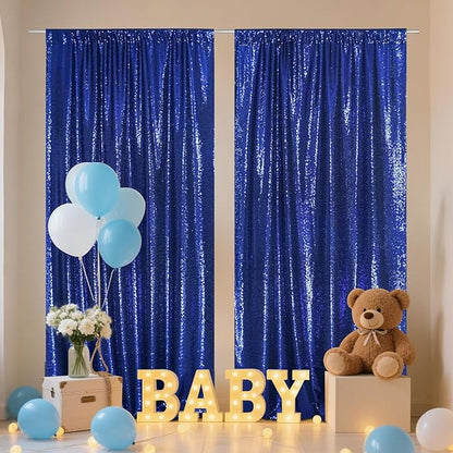 SquarePie Sequin Backdrop Curtain 8FT x 10FT Navy Blue Satin Backing Fabric Photography Background for Wedding Patry 4FT x 10FT 2 Panels