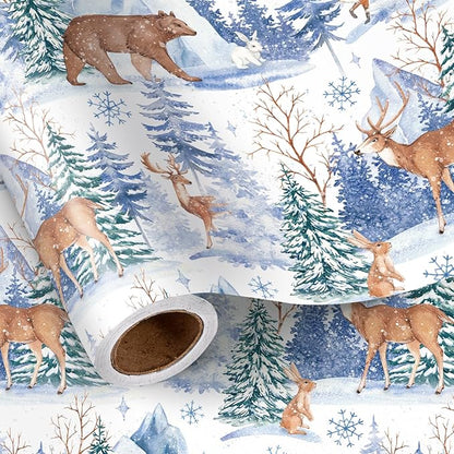 LeZakaa Christmas Wrapping Paper Roll, Winter Forest Animal Gift Wrap with Deer Bear Rabbit Snowflake Design, Watercolor Style, for Xmas Presents Family Gatherings, Holiday, Mini Roll 17 in x 16.4 Ft