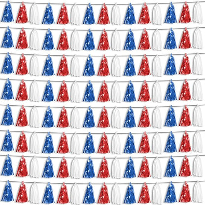 8P Red Blue White Foil Fringe Metallic Tassel Streamers Banner Tassel Garland for Parade Floats, Bachelorette, Wedding, Birthday, Halloween, Christmas, Bridal/Baby Shower Party Decorations