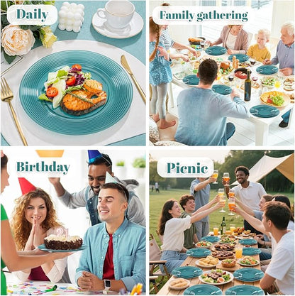 FLOWERCAT 100PCS Clear Blue Plastic Plates - Heavy Duty Plastic Plates Disposable -Straw hat plate for Summer party &Wedding - Serve for 50Guests party(10inch & 7inch)(Mediterranean Blue)