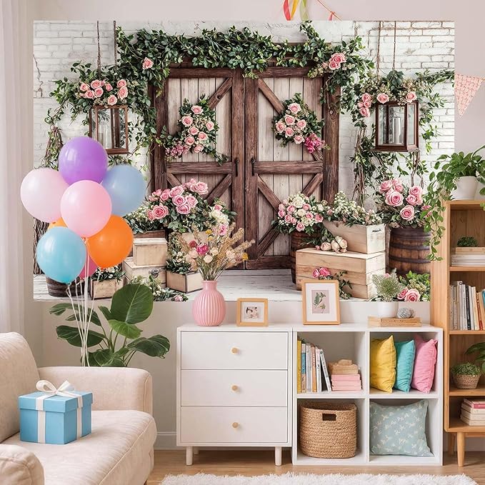 5x3ft Country Wedding Photography Backdrop Floral Rustic Roses Farmhouse Wooden Door Backdrop Pink Flower Birthday Baby Shower Wedding Bridal Party Banner Photo Booth Props Anniversary Background