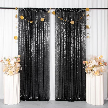 ShinyBeauty Black Backdrops 2 Pieces Sequin Curtains 4FTx7FT Photoshoot Background Glitter Backdrop Curtain Panels Shimmer Backgrounds for Wedding,Halloween,Party,Studio Decor(8FTx7FT)