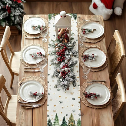 GEEORY Christmas Table Runner 13x36 Inch, Xmas Tees Snowflakes Holiday Decorative Farmhouse Table Decoration for Kitchen Dinning, Indoor Outdoor Dinner Party Decor (Light Green) GT166-36