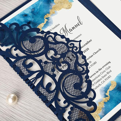DORIS HOME 50PCS Laser Cut Wedding Invitations with Envelopes and RSVP Cards BLANK Inner With Gold Glitter Belly Band for Wedding Engagement Bridal Shower Party Invite 4.7x7 Inch Navy Blue