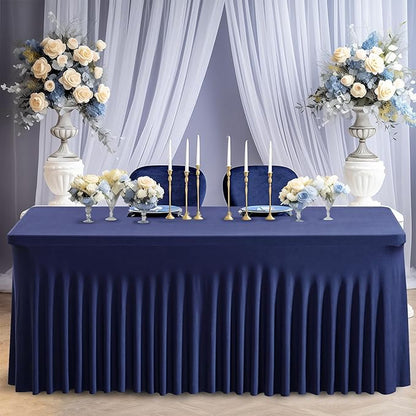 6 Pack Navy Blue Stretch Spandex Table Clothes for 6 Foot Rectangle Tables, 6FT Wrinkle Free Fitted Tablecloths Ruffles Design Table Cover for Party, Banquet, Wedding and Events