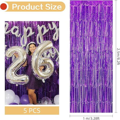 5 Pack Purple Fringe Backdrop 3.2ft x 8.2ft Foil Curtain Tinsel Foil Fringe Curtains Backdrop Tinsel Backdrop Streamers for Birthday Curtain Party Decoration Wedding Christmas Decoration (Purple)