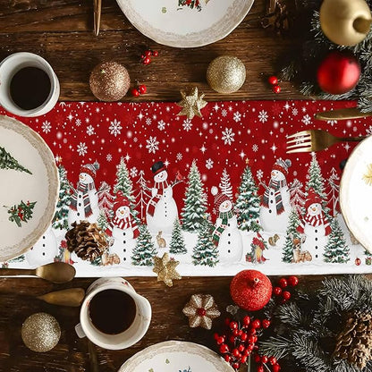 Christmas Snowman Cotton Linen Table Runner for Dining Kitchen, Xmas Tree White Snowflakes Winter Wedding Outdoor Party Tablerunners Decoration, Dresser Scarf Coffee Tablecloth Runners 13x72 Inches
