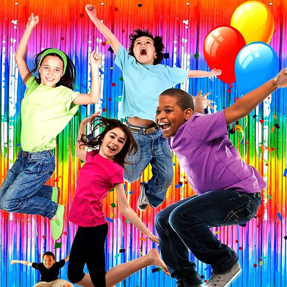 4 Pack Macaron Dark Rainbow Foil Fringe Curtain Backdrop, 3.28Ft x 8.2Ft Colorful Streamers Curtains for Party, Photo Booth Props, Birthday, 2022 Mother's Day Decoration Supplies