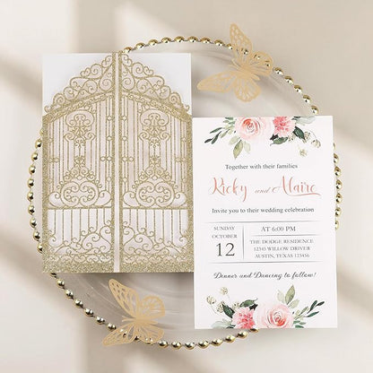 50PCS Gold Glitter Wedding Invitations Laser Cut Invitations with Envelopes and Rsvp Cards Personalized Inserts for Quinceanera Bridal Baby Shower Anniversary Birthday Engagement Fence Fold Design