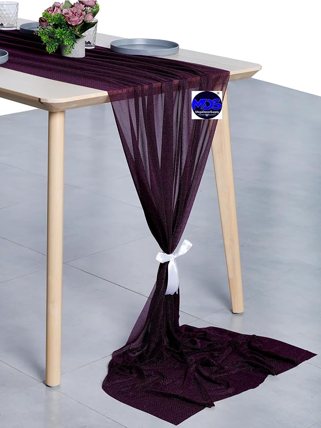 MDS 20 Pack 10ft Chiffon Table Runner 29 x 120 Inches Sheer Wedding Runner Romantic Rustic Table Runner for Wedding Decorations, Birthday Parties, Bridal Shower Party Arch Decor - Eggplant