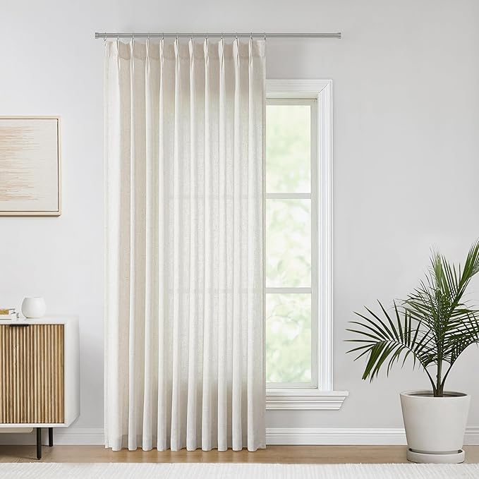 Vision Home Natural Pinch Pleated Semi Sheer Curtains Textured Linen Blended Light Filtering Window Curtains 90 inch for Living Room Bedroom Patio Pinch Pleat Drapes with Hooks 1 Panel 60" Wx90 L