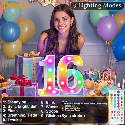 Pooqla Colorful Lighted Numbers with Remote, 35 Colors Light Up Numbers for Party, RGB LED Marquee Numbers Gift for Girls Boys 7th Birthday Decorations, Wedding, Bar, Night Light, Home Decor, Number 7