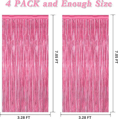 4 Pack Birthday Decorations, 3.28 FT x 7.05 FT Pink Backdrop, Metallic Happy Birthday Backdrop Fringe Curtains Party Streamer, Bachelorette Party Decorations Princes Birthday Party Decor