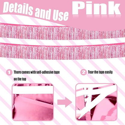 6 Pack 10 Feet Foil Fringe Garland Metallic Tinsel Streamers Banner Wall Hanging Curtain Backdrop Banner for Parade Floats, Thanksgiving, Christmas, Birthday, Halloween Party Decorations(Pink)