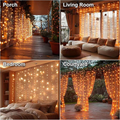 HXWEIYE 300LED Fairy Curtain Lights, 9.8x9.8Ft USB Plug-in 8 Modes Christmas String Hanging Lights with Remote for Bedroom Backdrop Wedding Party Indoor Wall Decor, Orange