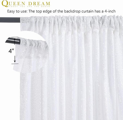 White Backdrop Curtain for Wedding Parties - 2ftx8ft Sparkly Sequin Fabric Drape 6 Panels White Curtain Baby Shower Birthday