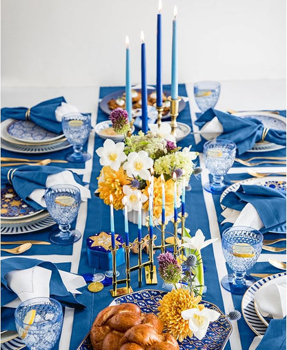 Solino Home Linen Indigo Blue Table Runner 132 Inches Long - 100% Pure Linen Extra Long Table Runner 14 x 132 Inch for Fall, Autumn - Classic Hemstitch