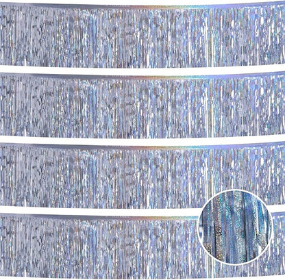 Laser Silver Birthday Decorations Tinsel Garland Parade Float Decorations for Trailer 4Pack 12FT Christmas Party Decor Ceiling Fringe Banner Silver Backdrop for Streamers Party Decorations