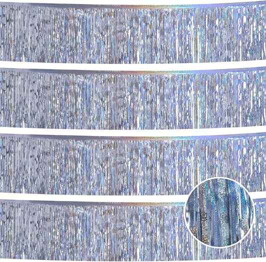 Laser Silver Birthday Decorations Tinsel Garland Parade Float Decorations for Trailer 4Pack 12FT Christmas Party Decor Ceiling Fringe Banner Silver Backdrop for Streamers Party Decorations