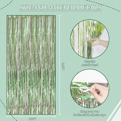3 Pack Foil Fringe Backdrop - Light Green Shiny Tinsel Curtains for Party Decoration/Photo Booth Props - 3.3x8.2 FT Metallic Foil Backdrop for Birthday, Wedding, Graduation, Christmas