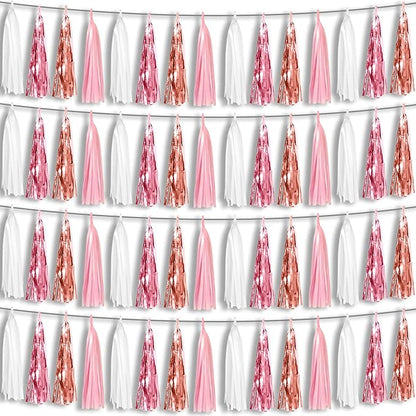 4P Pink White Peach Rose Gold Tassels Party Tassel Garland Banner, Tassels Banner Streamers for Parade Floats, Bachelorette, Wedding, Birthday, Christmas, Bridal/Baby Shower Party Decorations