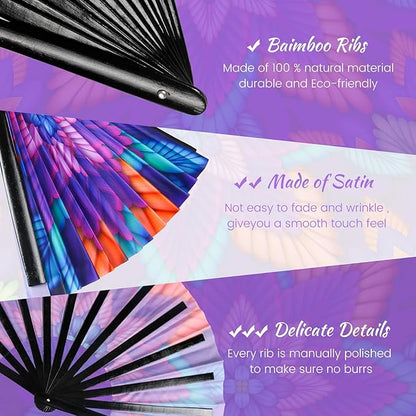 SYNTECSO Folding Hand Fan for Rave, UV Glow Fan, Large Bamboo Fan for Drag Queen, Women and Men Gift，Chinese Japanese Clack Fan for Parties, Music Festivals, EDM and Decoration