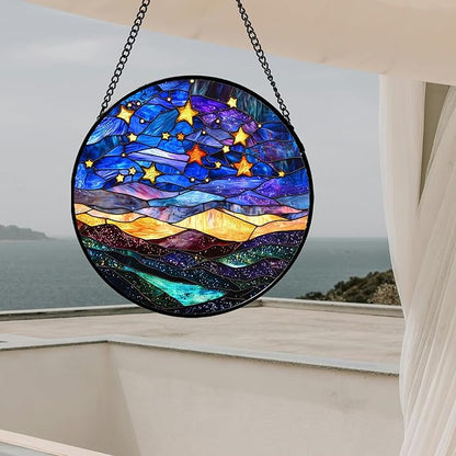 Stained Glass Window Hanging, Blue Sky Gold Stars Abstract Landscape Suncatcher for Doors Window Home Sun Catchers Decor Mother's Day Birthday Gifts for Women, Men Mom 15 in