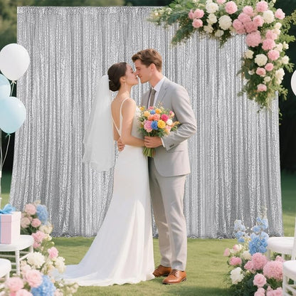 Silver Sequin Backdrop Curtain 2 Pieces 2FTx8FT Glitter Photography Backdrop for Party Wedding Birthday Christmas Decorations