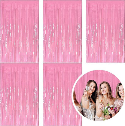 5 Pack Foil Curtain Pink Backdrop Streamers Metallic Tinsel Fringe Curtains Photo Booth Props for Birthday Wedding Engagement Bachelorette Christmas Holiday Celebration Party Decorations