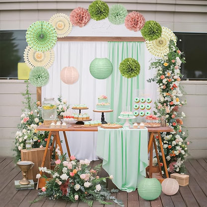 15Pcs Sage Green Party Decorations, Hanging Paper Lanterns Paper Fans Tissue Flower Pom Poms for Women Girls Birthday Wedding Bridal Baby Shower Green and Pink Party Decorations
