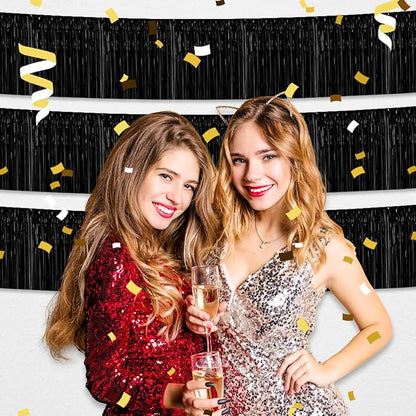 4 Pack 10 Feet Black Foil Fringe Garland Metallic Tinsel Streamers Banner Wall Hanging Curtain Backdrop for Parade Floats, Wedding, Graduate, Mother's Day, Birthday Party Decoration