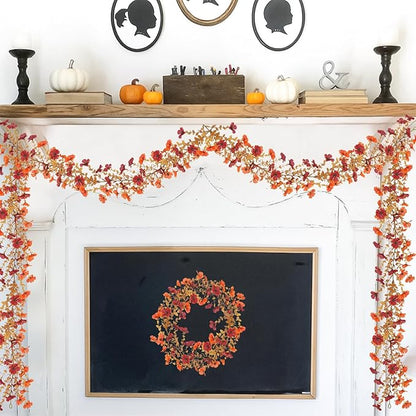 2 Pack Artificial Fall Flowers Garland, 6 FT Fall Decorations UV Resistant Fake Mums Floral Vines Faux Hanging Flower Ivy Garland for Home Party Table Wall Mantel Decor (Orange + Dark Red)