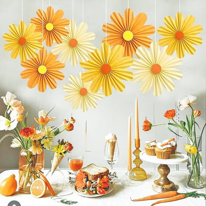 SUNBEAUTY 9 PCS Orange Paper Flowers Decorations for Wall Paper Fans Daisy Decoration Paper Floral Backdrop Decor Paper Fans Decoration