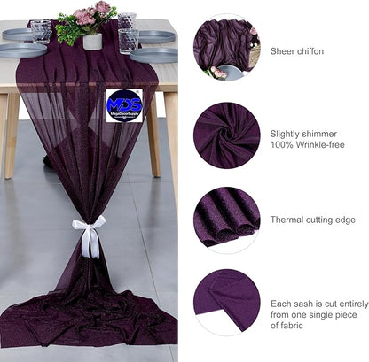 MDS 2 Pack 14ft Chiffon Table Runner 29 x 170 Inches Sheer Wedding Runner Romantic Rustic Table Runner for Wedding Decorations, Birthday Parties, Bridal Shower Party Arch Decor - Eggplant
