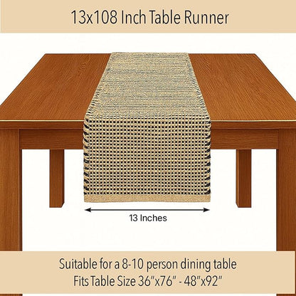 Chardin home Natural Jute Table Runner 13x108 Inch – Vintage Boho Rustic Table Decor – Handwoven Long Table Runner in Natural Jute and Black – Farmhouse Dining or Console Table Accent
