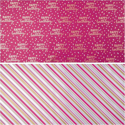 LeZakaa Reversible Pink Birthday Wrapping Paper Roll for Girls Women, Happy Birthday Lettering & Stripe Pattern with Metallic Foil in Rose Pink, Mini Roll, 17 inches x 32.8 Feet (46.45 sq.ft.)
