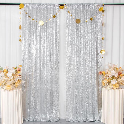 ShinyBeauty Silver Backdrops 2 Pieces Sequin Curtains 4FTx7FT Photoshoot Background Shimmer Backdrop Curtain Panels Sparkle Backdrop for Birthday,Wedding,Party Studio Decor(8FTX7FT)
