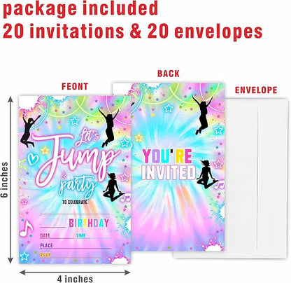 Tie Dye Trampoline Birthday Invitations,Let's Jump! Birthday Party Invite Cards（20 Count) With Envelopes, Fill In Style Invite Cards For Boys & Girls, Birthday Party Supplies-B06